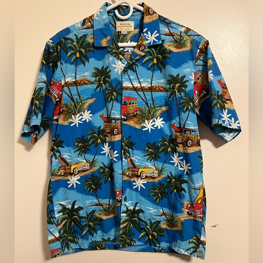 Royal Hawaiian Creations Vtg Shirt Men's L Cars Aloha Palms Beach Camp S. Sleeve